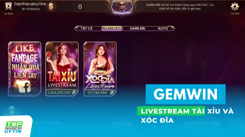 Gemwin - Game bài đổi thưởng đại phú quý có cả trên Android/IOS 18 Gemwin mang đến trải nghiệm độc đáo với các trò chơi livestream như Tài xỉu và Xóc đĩa