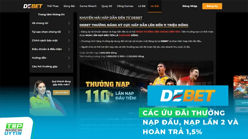 Nhà cái DEBET thưởng tặng tiền đến 11.000.000 VNĐ nạp tiền cho tân thủ